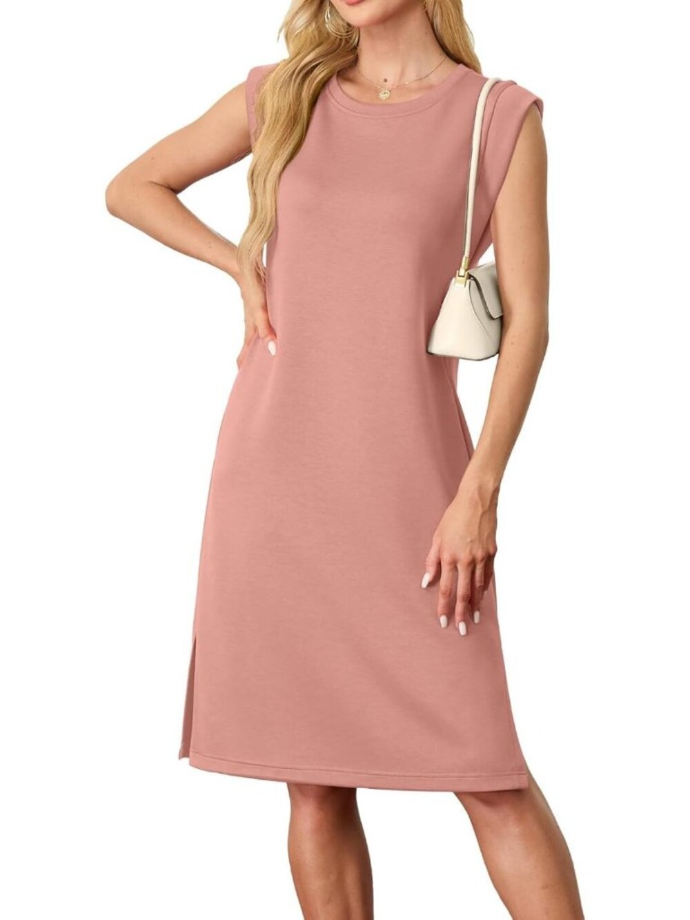 Women's Pink Sleeveless Casual Loose Beach Crewneck Wrinkle-Free Midi Dress